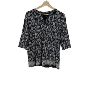Lucky Brand Floral Pintuck V-Neck Peasant 3/4 Sleeve Top Black Cream 2X Boho